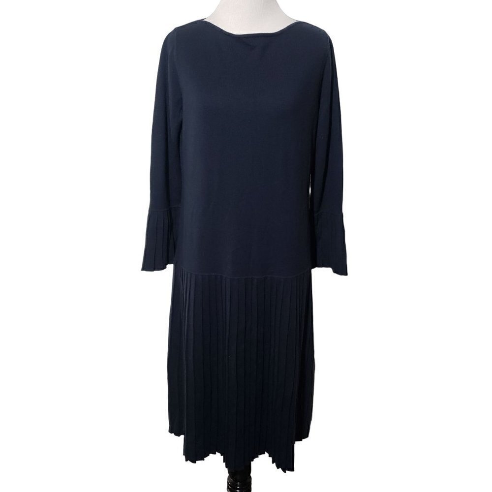Worth Navy Boatneck Pleat Detail Knit Dress Career Womens Small $498 NEW